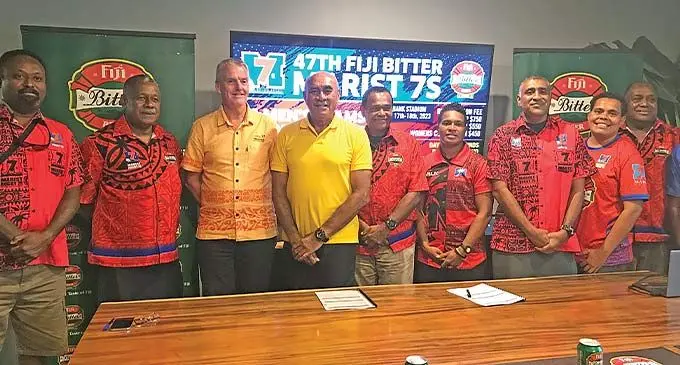 Paradise Beverages general manager Mike Spencer (second from left), general manager sales and corporate affairs Joe Rodan Snr (third from left), with Marist Rugby Club president Lawrence Tikaram (fourth from left), and other Marist Rugby Club officials during the launch of the 47th Fiji Bitter Marist 7s tournament in Walu Bay, Suva, on December 13, 2022. Photo: Simione Haravanua