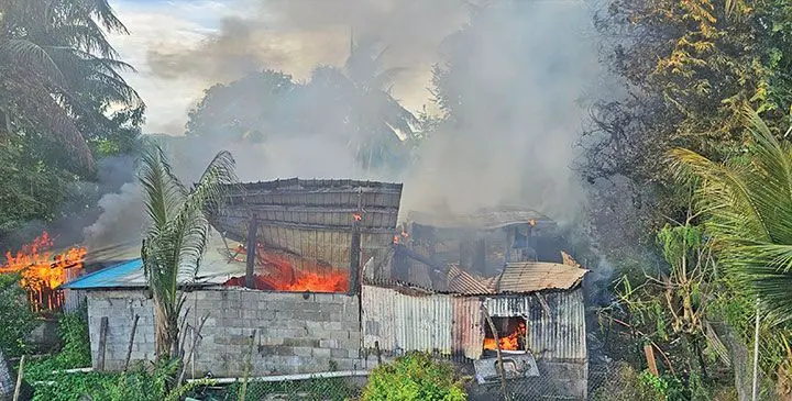 The four-bedroom house on fire at Korovuto, Nadi on February 26, 2025. Pictured on the right: The remains of the property after the fire. Photo: Waisea Nasokia
