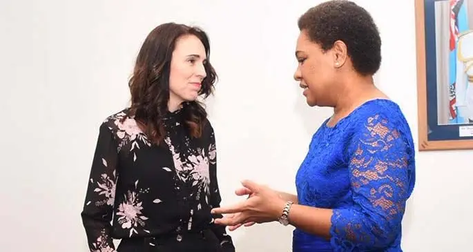 Minister for Women, Children and Poverty Alleviation Mereseini Vuniwaqa and the New Zealand Prime Minister Jacinda Ardern.