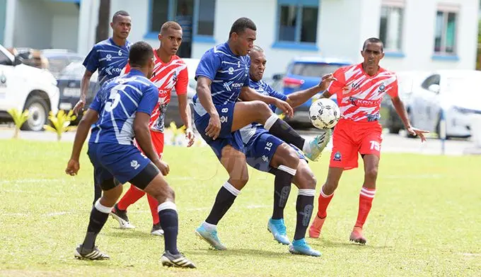 Mesake Nasilasila of PSRU (Police Special Response Unit) takes bicycle kick against Eastern Police side 0 Police IDC 2020 at Nasova ground on September 16, 2020. Photo: Ronald Kumar.