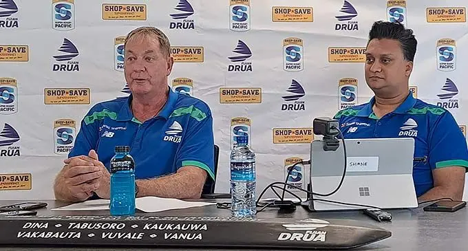 From left: Swire Shipping Fijian Drua head coach Mick Byrne and Drua head of commercial and marketing Shane Hussein during the press conference at the Drua Homebase in Legalega, Nadi, on November 28, 2022. Photo: Waisea Nasokia