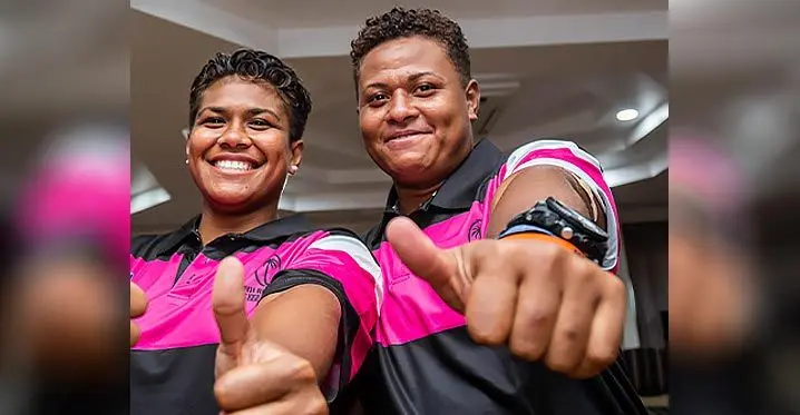 Hookers Jiowana Sauto (left) and Vika Matarugu before they left for the Super W season on February 14, 2022. The duo have been named in the Melbourne Rebels squad. Photo: Leon Lord
