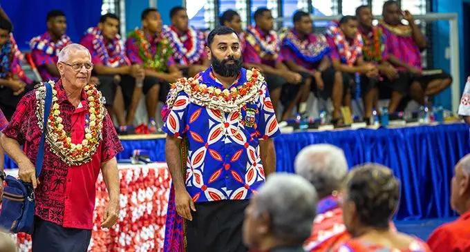 Head of Marist Fiji, brother Kess Weert with Marist Brothers High School head of school Asish Dayal during the celebration at the FMF National Gymnasium in Suva on October 22, 2022. Photo: Leon Lord