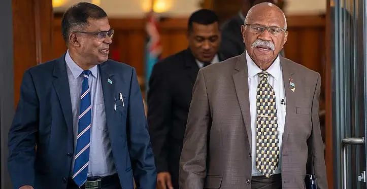 Minister for Finance, Biman Prasad and Prime Minister Sitiveni Rabuka. Photo: Leon Lord