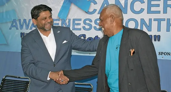Attorney-General  Aiyaz Sayed-Khaiyum (left), with prostate cancer survivor Ligo Reece during the prostate cancer and testicular cancer awareness at the Colonial War Memorial Hospital on November 27, 2020.  Photo: Ronald Kumar