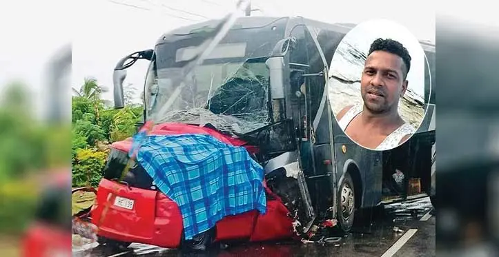 The accident scene at Barara Flat in Lomolomo, Lautoka on November 13, 2023. Inset: Deceased, Amitesh Kumar.