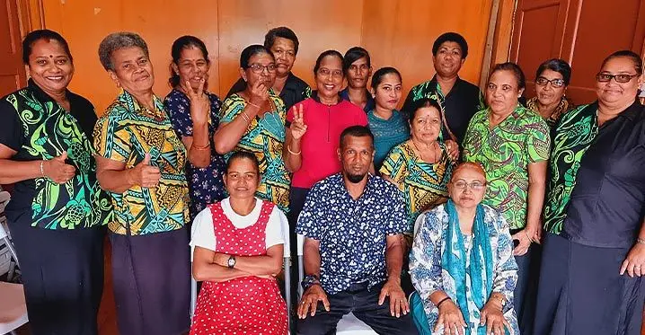 (Sitting-left) Northern Horticulture Association treasurer- Nazmun Nisha, president- Asheem Khan, secretary-Yasmin Bano with association members on February 16, 2023. Photo: Sampras Anand From left; Nilam Sharma and her daughters Shivani Sharma, middle, and Steffi Sharma with the photo of Kunnal Nair at their home at Korovuto, Nadi.