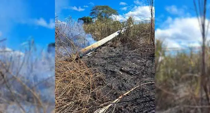 The burnt and damaged EFL Power Pole along the 33,000 volts transmission line in Veisaru, Ba. Photo: Energy Fiji Limited