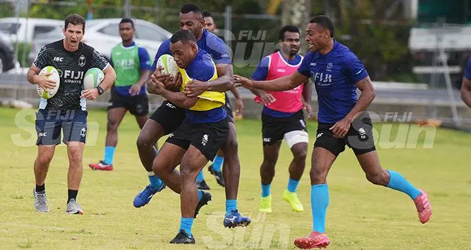Fiji Airways Fijian Sevens Head Coach, Gareth Baber urges players (right) during extended squad training at Albert Park on October 23, 2019. Photo: Ronald Kumar