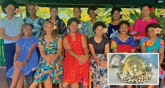 Queen contestants vying for Miss Cakaudrove Youth and Miss Charity crowns, gathered in Savusavu on December 9, 2024. Inset: J Hunter Pearls had prepared the unique pearly crown.