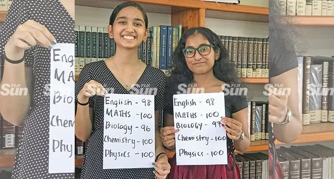 Shriha Deo (left) and Demira Lal (right) at Jai Narayan College in Suva on April 1, 2022. Photo: Inoke Rabonu