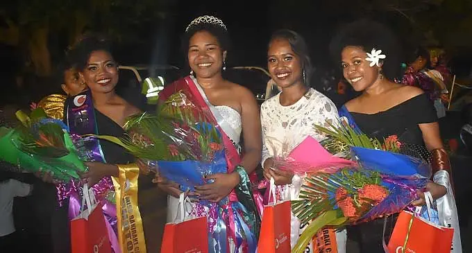 From left: Miss Vodafone Rakiraki first runner up Miss Rakiraki Town Council Thelma Matai, Miss Vodafone Rakiraki Anne Ruth Heilala Leilani Rarabici, second runner up Miss  Higgins Fiji, Ulamila Rayaya and Miss personality Miss Dipsha Home, Builders Lilieta Lewasau after the Vodafone Rakiraki carnival crowning at the Rakiraki FSC Grounds on October  1, 2022. Photo: Salote Qalubau