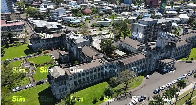 A drone photo of the Government Building in Suva. Photo: Leon Lord