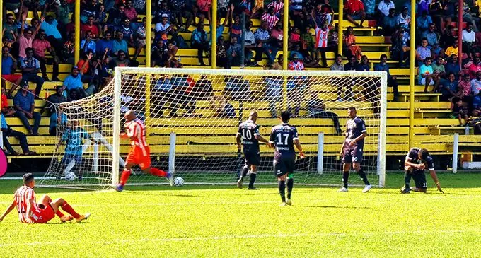 Labasa striker Christopher Wasasala scores one of his three goals against Ba during their Digicel Premier League clash at Subrail Park, Labasa, on August 6, 2022. Photo; Sampras Anand