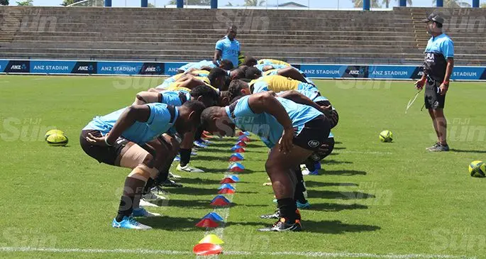 Fiji Airways Fijian Drua team during the captain’s run at the ANZ Stadium in Suva on September 6, 2019.  Photo: Simione Haravanua