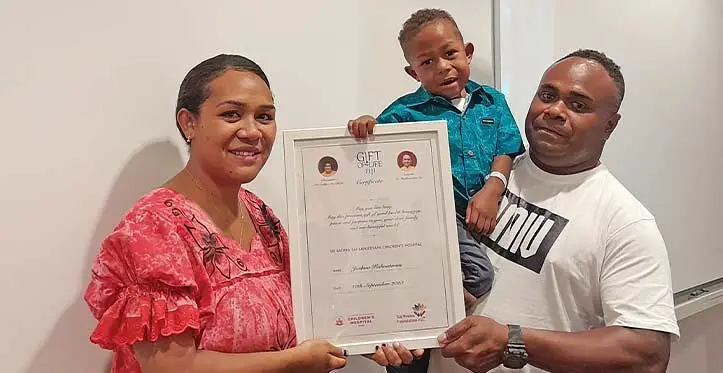 Joshua Kalwatman with his mother, Mesika Kalwatman and father, Roy after he was discharged from the Sri Sathya Sai Sanjeevani Children’s Hospital on September 18, 2023. Photo: Wati Talebula-Nuku