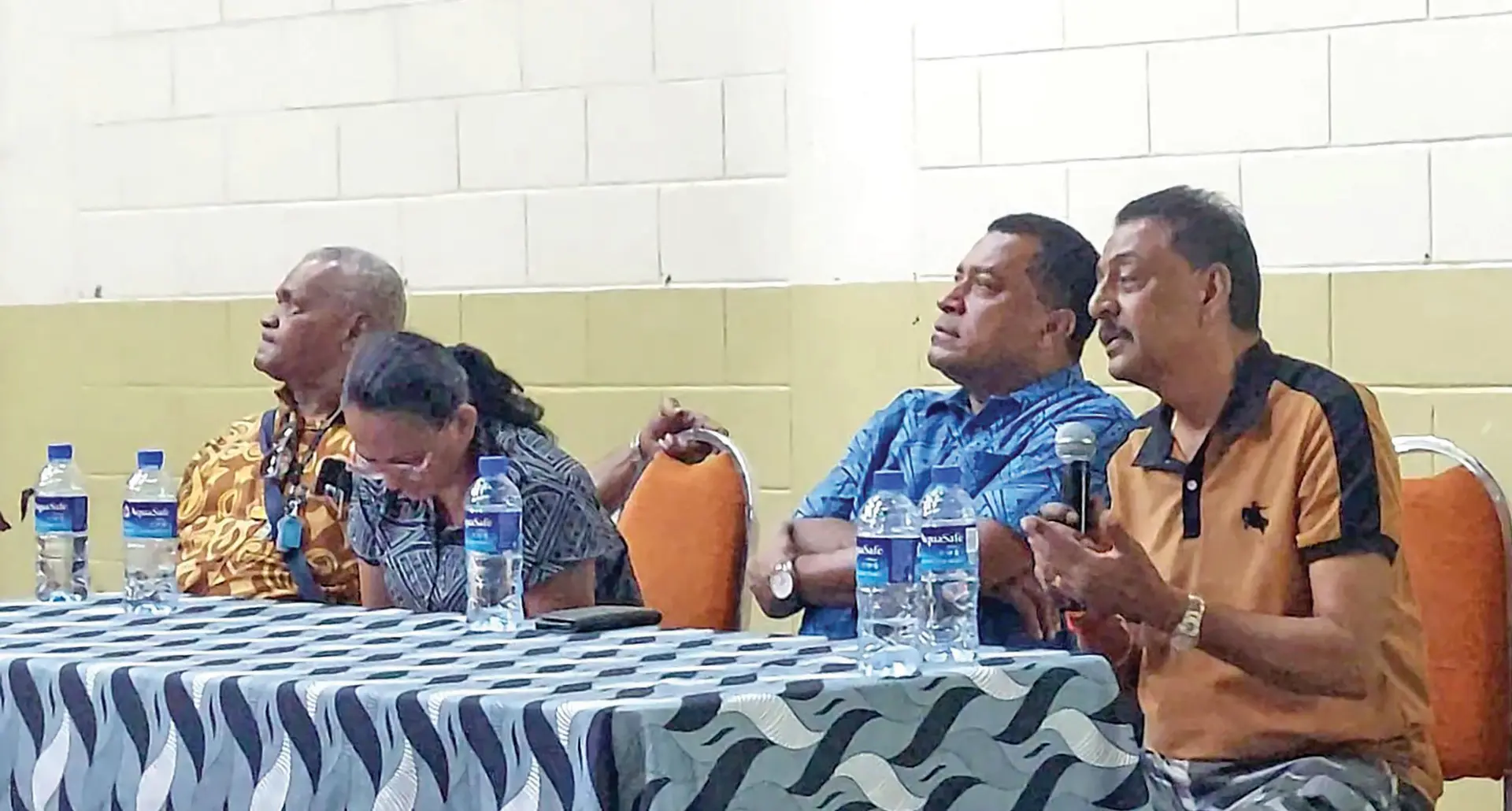 From left: Nadi Town Council board of special administrators chair Saliceni Raiwalui, Permanent Secretary for Local Government Seema Sharma, Minister for Local Government Maciu Katamotu, special admnistrator member Prem Singh and Nadi Town Council chief executive officer Muni Reddy during the community and stakeholders meeting at the Nadi Civic Centre on April 27, 2024. Photo: Salote Qalubau