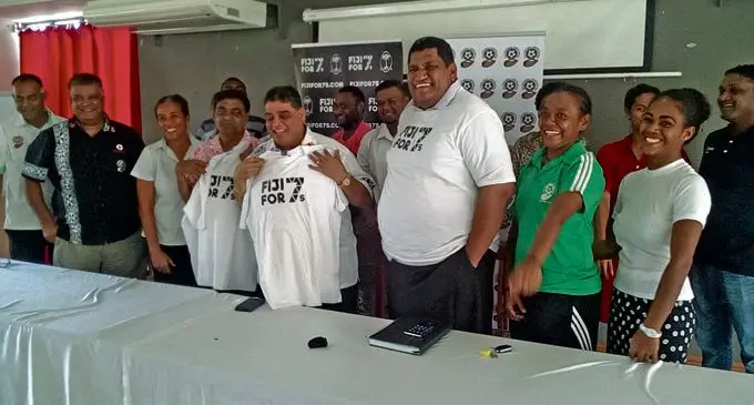 Fiji Football Association president Rajesh Patel(fourth from left) and Fiji Rugby Uion Chief executive JOhn O’Connor (third from right) with development officers at Fiji FA House on February 19,2018.Photo: Fiji FA Media