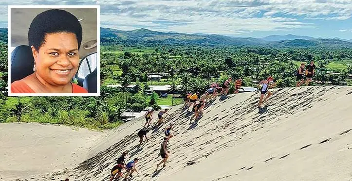 Sigatoka Sand Dunes. Inset: We Do Fiji entrepreneur, Adi Singh, of Sigatoka.
