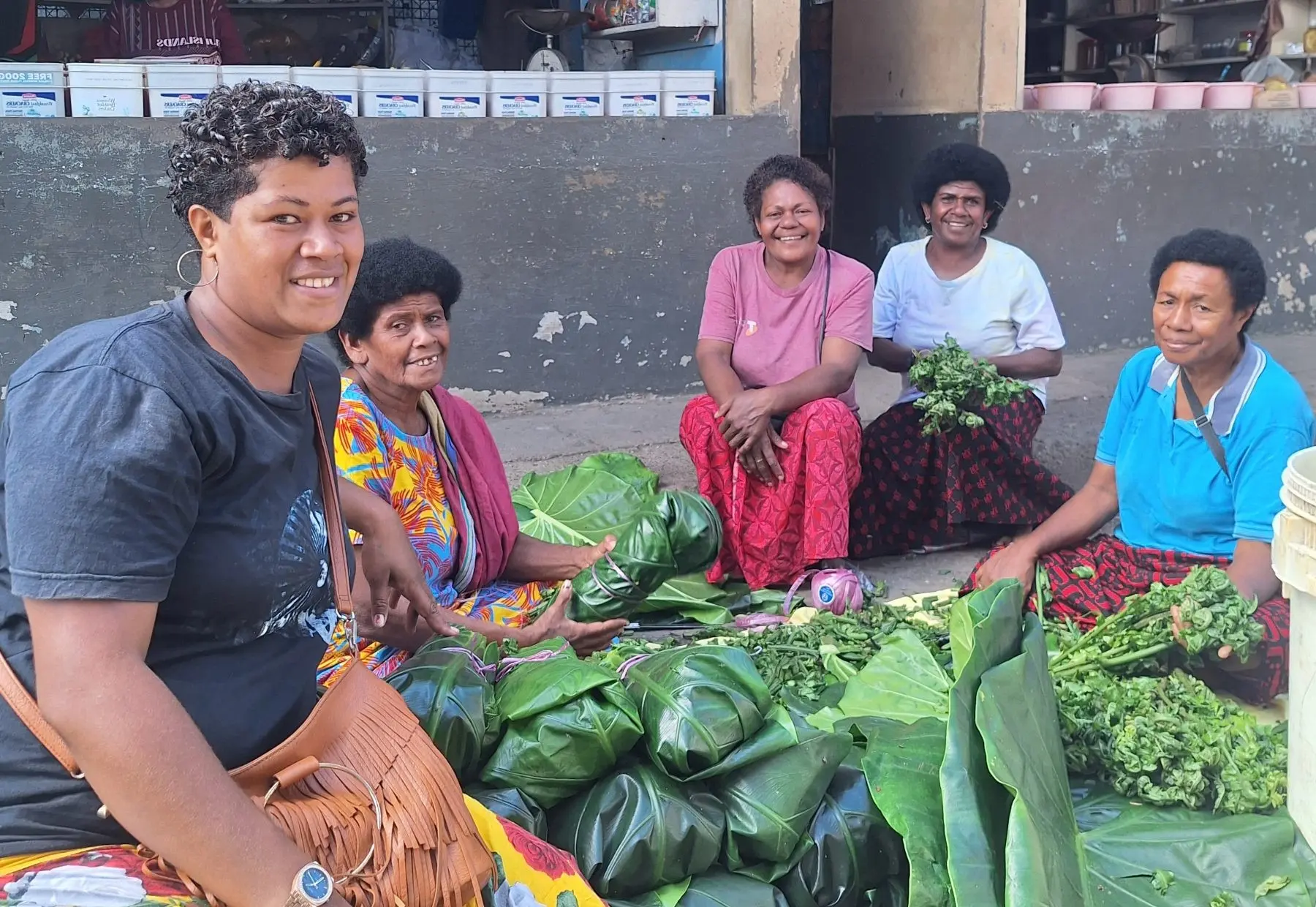 (L-R) Lusiana Mataituvou with fellow market vendors Laiseana Nasiga, Lavenia Matai, Mereoni Robe and Varanisese Sevula at the Nadi Market. Photo: Katherine Naidu.