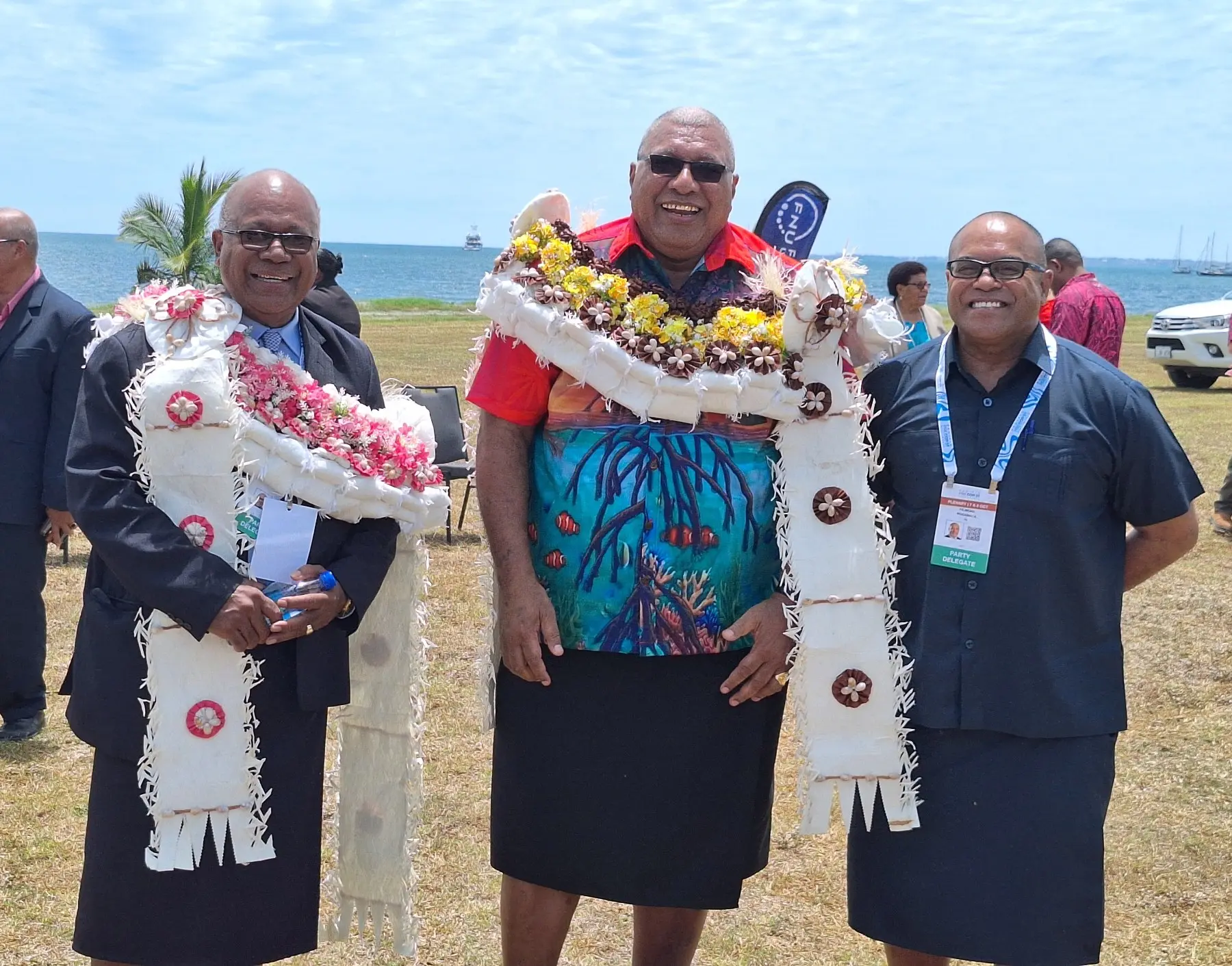 Fijian diplomat and global public policy expert Ambassador Amenatave Yauvoli with Tui Macuata Ratu Wiliame Maivalili Katonivere and Fiji Development Bank chief executive officer Filimone Waqabaca at the Pre-COP31 Investing in Natural Capital: The Pacific Opportunity event at the Hilton Fiji Beach Resort and Spa in Nadi. Photo: Katherine Naidu.