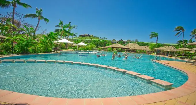 Main pool area during the day at the Outrigger Fiji Beach Resort on the Coral Coast.