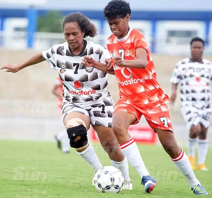 Suva's Litiana Bolaivanua and Merewalesi Veitamana of Rewa battle for possession  during Womens IDC at ANZ Stadium on October 30,, 2020. Photo: Ronald Kumar.