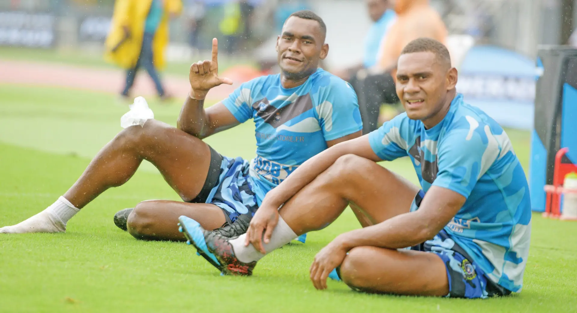 Blue Diamond Under 21 player Nasoni Nanawanawailagi (left) with fellow player during the Fiji Bitter Marist Sevens on March 25, 2021. Photo: Ronald Kumar