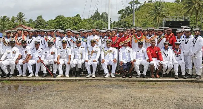 ON TO GREATER THINGS ... Commander of the Republic of Fiji Military Forces Rear Admiral Viliame Naupoto (seventh from left), Fijian Navy Commander Captain Humphrey Tawake (eight from left) with RFMF Naval officers and new recruits who successfully completed the 12-week Naval Reserve Basic Recruit training at Togalevu Naval Base on April 17, 2019. Photo: Ilaijia Ravuwai