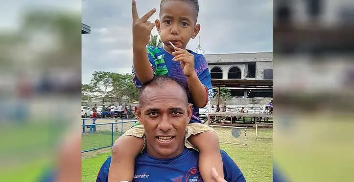 Nadi rugby captain Ilisoni Galala carries his son Ilisoni Galala Jr on September 2, 2023. Photo: Waisea Nasokia