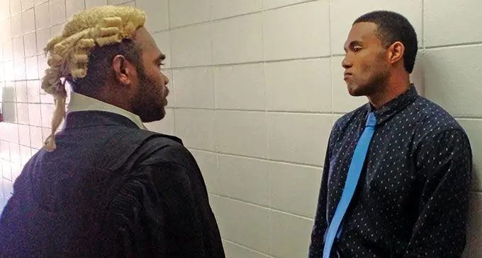 Brian Ravatudei speaks with his lawyer Samuela Heritage at the High Court in Lautoka on June 2, 2022. Photo: Salote Qalubau