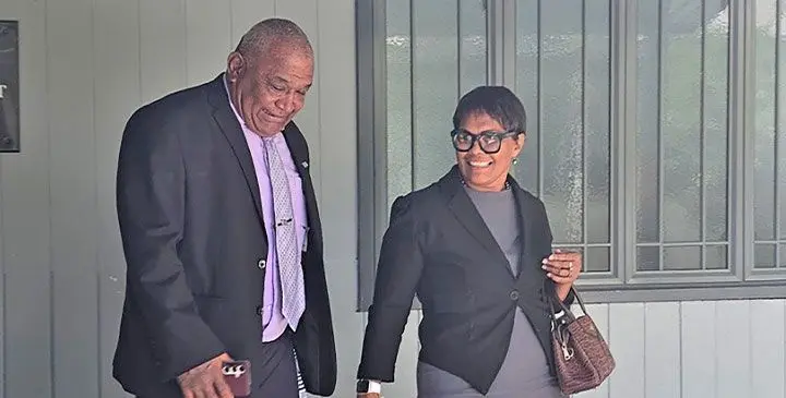Minister for Fisheries, Kalaveti Ravu with his lawyer Lavi Rokoika outside the Suva Magistrate’s Court. Photo: Beranadeta Nagatalevu