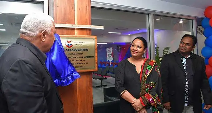 From left: Prime Minister Voreqe Bainimarama, Minister for Education, Heritage and Arts, Premila Kumar and Tertiary Scholarship Loan Services chief executive officer, Dr Hasmukh Lal, during the opening of the TSLS headquarters in Garden City, Raiwai, on October 28, 2022. Photo: DEPTFO News