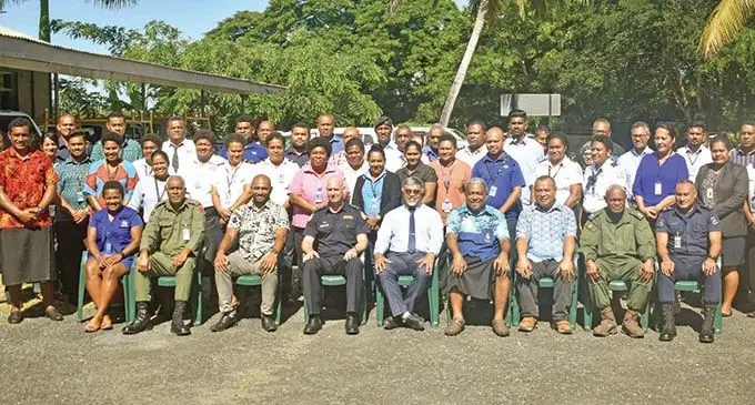 Permanent Secretary for Health and Medical Services Dr James Fong (seated fifth from left), with participants and organisers of the Post COVID-19 Border Training at the Fiji Airports Aviation Academy in Nadi on March 11, 2021.  Photo: Waisea Nasokia