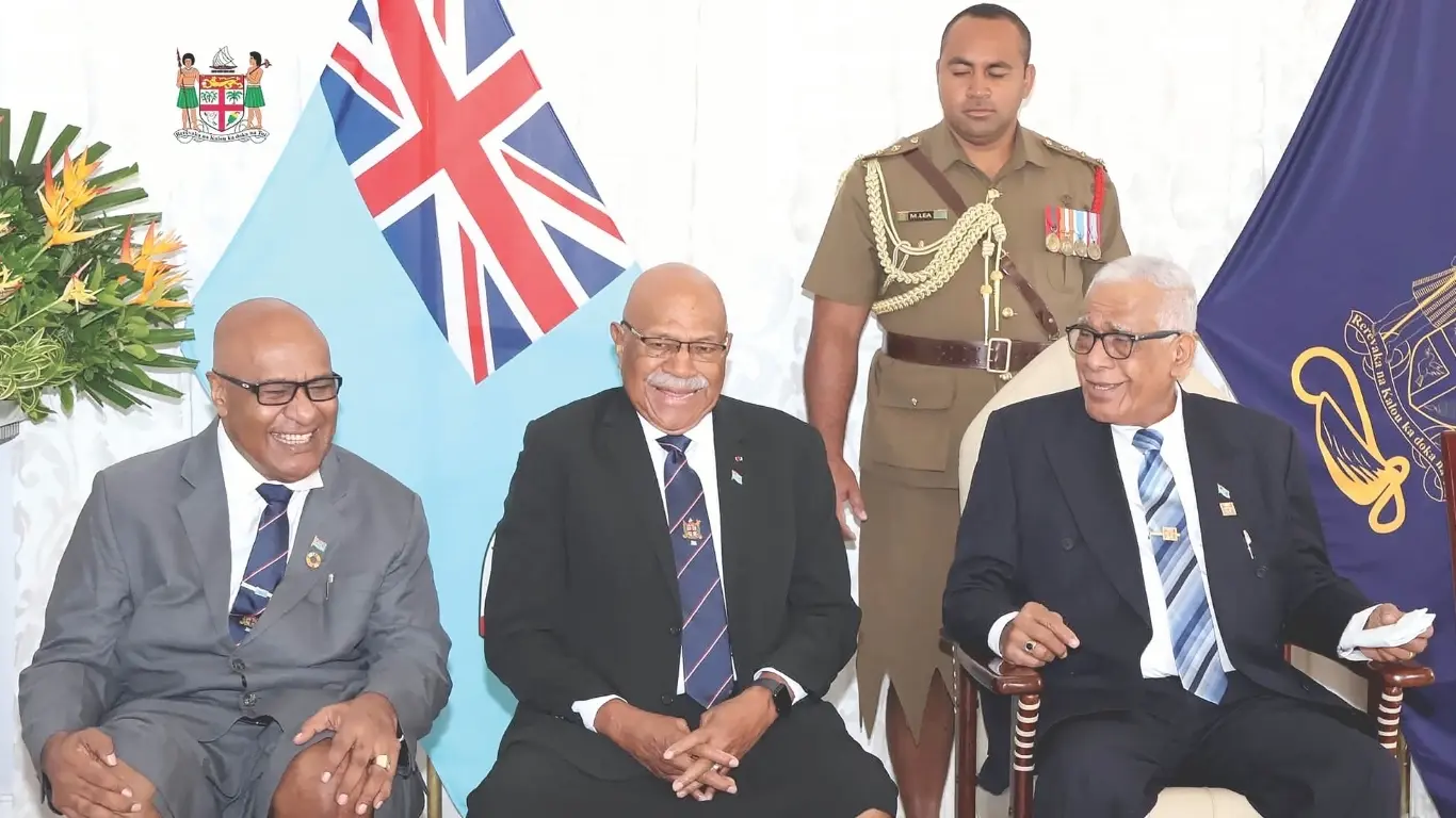 Reinstated Deputy Prime Minister Manoa Kamikamica (seated far left), with Prime Minister Sitiveni Rabuka and President Ratu Naiqama Lalabalavu at State House in Suva on August 4, 2026. 