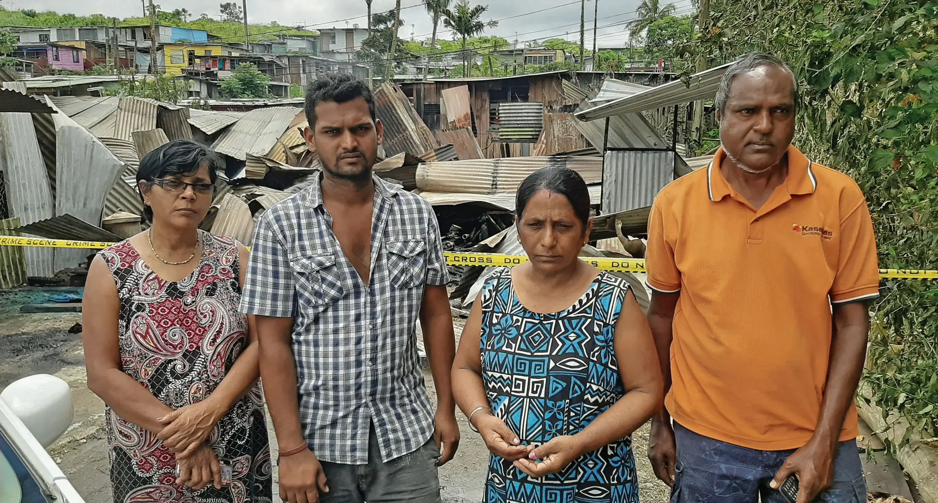 Family members from left: Antra Devi, Shivneel Prakash, Kiren Devi and Sajjan Lal outside their burnt house at Namara Settlement in Khalsa Road on November 7, 2020. Photo: Shreeya Verma