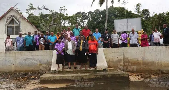 Prime Minister Voreqe Bainimarama with his delegation and villagers of Dravuni and guests during the commissioning of the seawall on June 12, 2020. Photo: Kelera Sovasiga