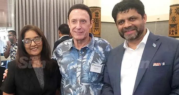 Attorney - General and Minister for Economy Aiyaz Sayed-Khaiyum with Fiji Airways managing director and chief executive officer Andre Viljoen and executive general manager, customer experience, corperate   affairs and FijiLink Shaenaz Voss at the Tanoa International Hotel in Nadi on August 7, 2020. Photo: Charles Chambers