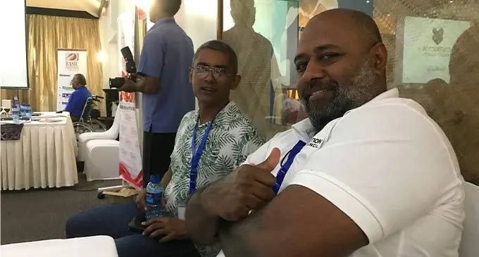Harcourts chief executive officer, Shivas Singh, left, with Construction Industry Council member, Setoki Tuiteci, during the 2022 annual conference at Warwick Fiji, Coral Coast. Photo: Frederica Elbourne