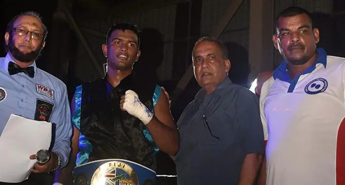 Sebastian Singh with his belt after the fight at the Tilak HIgh School in Lautoka last Saturday night. Photo: WAISEA NASOKIA