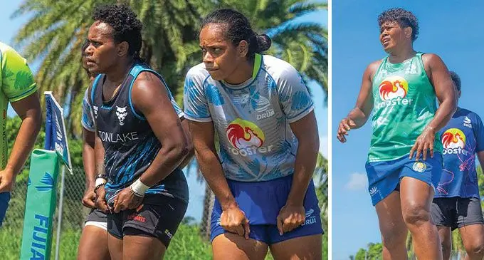From left: Timaima Ravisa , Noelani Baselala and Rusila Nagasau during a Drua women’s training run at Naisoso grounds on December 17, 2024. Photo: Fijian Drua