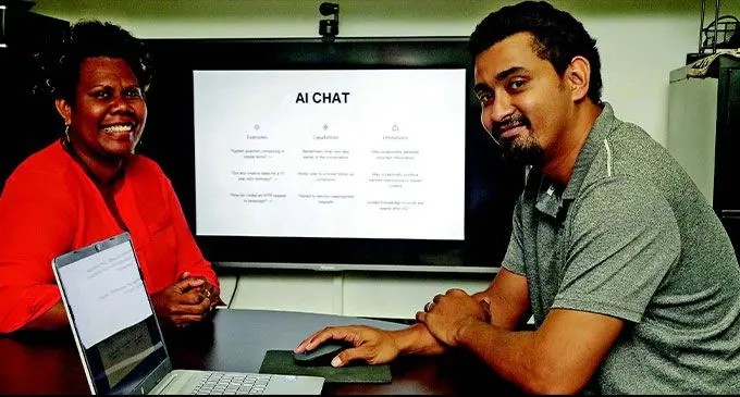 From left: Webmedia South Pacific Team Leader Comms and Marketing Asenaca Ramasima and Visual Communications Manager Jonathan Pranjivan take artificial intelligence to the next level.