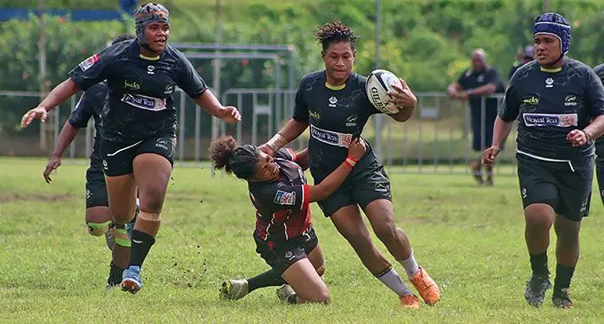 Kadavu women’s rugby captain Vatiseva Cavuru (with ball) on the run against Navosa at Lawaqa Park, Sigatoka, on May 11, 2024. Kadavu won 69-12 Photo: Western Force