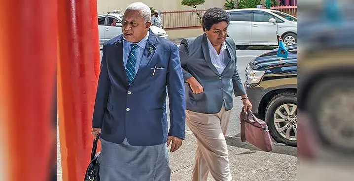 Constitutional Offices Commission member, Leader of Opposition Voreqe Bainimarama, and Opposition nominee Roko Tupou Draunidalo, at Suvavou House in Suva on January 26, 2023. Photo: Leon Lord