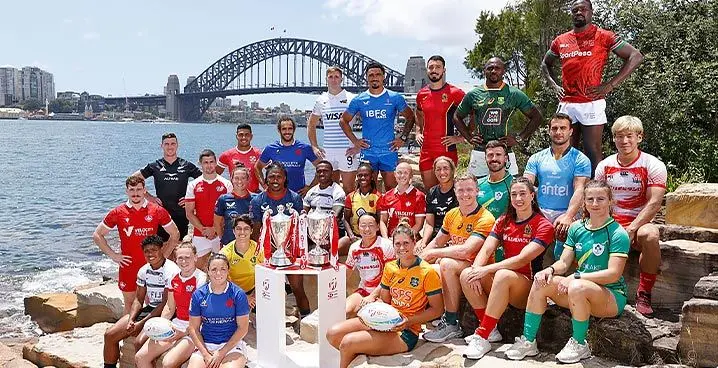 The 28 captains of the men’s and women’s teams at the captain’s photo for the HSBC Sydney Sevens at Barangaroo Reserve on January 25, 2023. Photo: Mike Lee /KLC fotos/ World Rugby