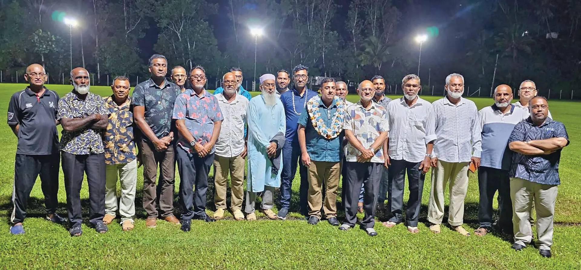 Labasa Chamber of Commerce and Industries president Vinesh Dayal (garlanded) after opening the sports floodlights project at Bocalevu Muslim Primary School in Labasa on February 10, 2024. Photos: Supplied