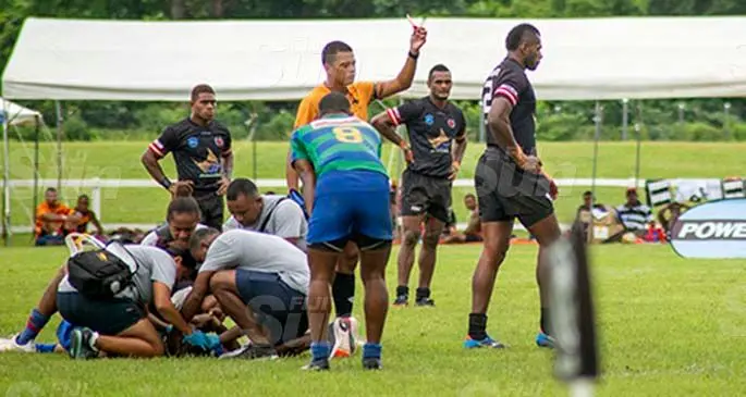 Yamacia prop Sevuloni Mocenacagi (left) leaves the field after shown the red card for a dangerous on January 23, 2021. He served his match suspension and was again red carded yesterday for throwing the ball at the referee. Photo: Leon Lord