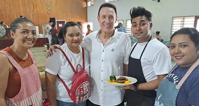 From left: Sharon Jang, Radhna Chand, Fiji Airways managing director/ CEO Andre Viljoen, Shachin Chand and Arishma Kumar during the master class competition on September 17. 2022. Photo: Waisea Nasokia