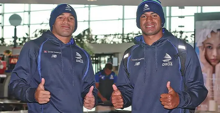 From left: Swire Shipping Fijian Drua captain Meli Derenalagi and Kitione Salawa at Dunedin, New Zealand, on March 23, 2023. Photo: Fijian Drua Media