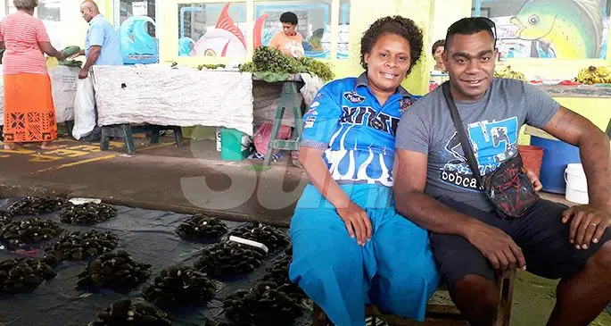 Raijeli Tinaivugona and Waisea Seru sell their freshwater mussels at the Suva Market on October 30, 2019. Photo: Inoke Rabonu 